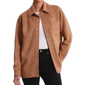 Bagatelle Neutral Tan Western Whipstitch Button Front Faux Suede Shacket Jacket